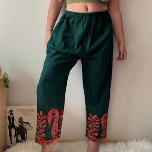 Green embroidered cropped Indian harem pants sari pant green